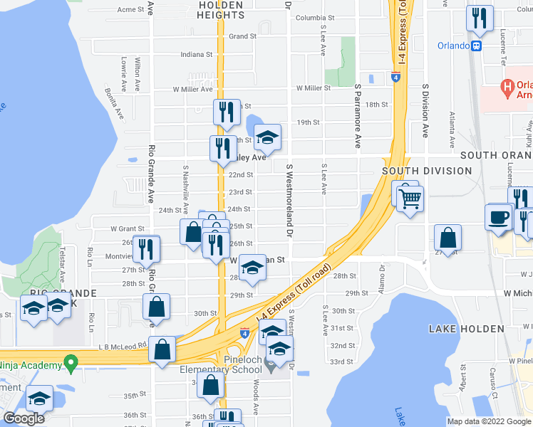 map of restaurants, bars, coffee shops, grocery stores, and more near 1043 25th Street in Orlando