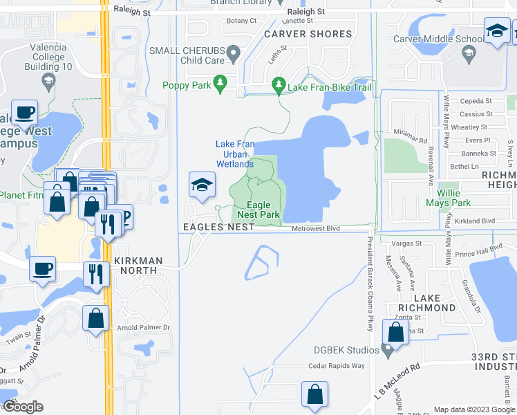 map of restaurants, bars, coffee shops, grocery stores, and more near 5165 Metrowest Boulevard in Orlando