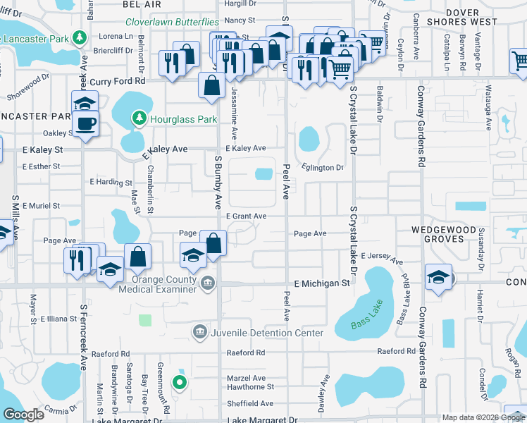 map of restaurants, bars, coffee shops, grocery stores, and more near 2339 Page Avenue in Orlando