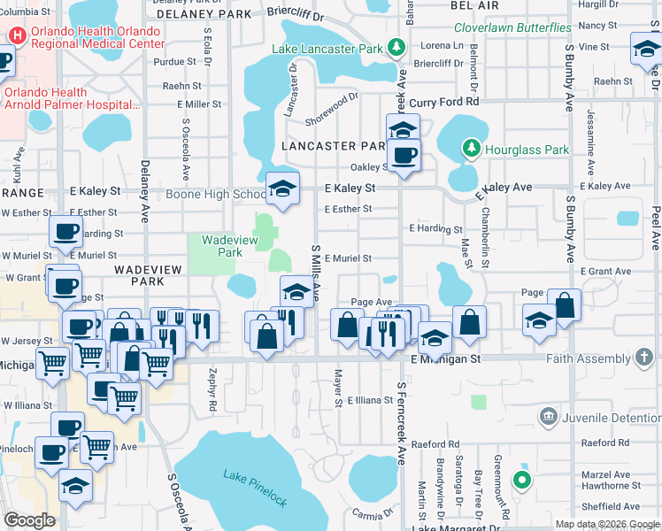 map of restaurants, bars, coffee shops, grocery stores, and more near 2302 Mayer Street in Orlando