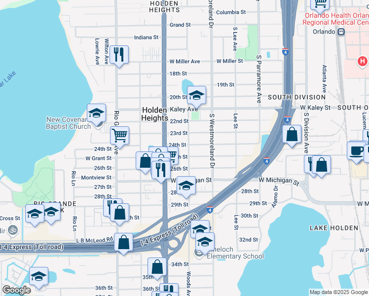 map of restaurants, bars, coffee shops, grocery stores, and more near 1223 25th Street in Orlando