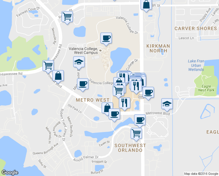 map of restaurants, bars, coffee shops, grocery stores, and more near 6129 Metrowest Boulevard in Orlando
