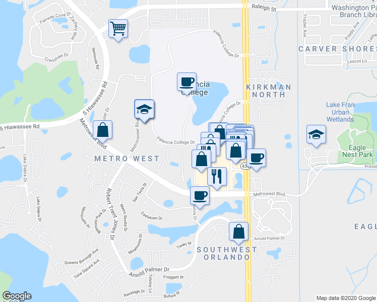 map of restaurants, bars, coffee shops, grocery stores, and more near 6125 Metrowest Boulevard in Orlando