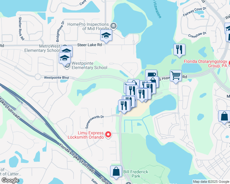 map of restaurants, bars, coffee shops, grocery stores, and more near 7250 Westpointe Boulevard in Orlando