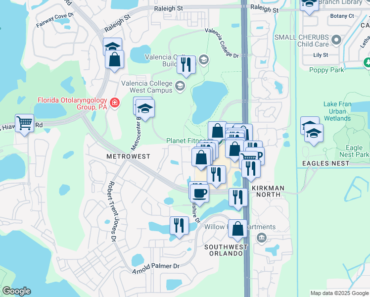 map of restaurants, bars, coffee shops, grocery stores, and more near 6131 Metrowest Boulevard in Orlando