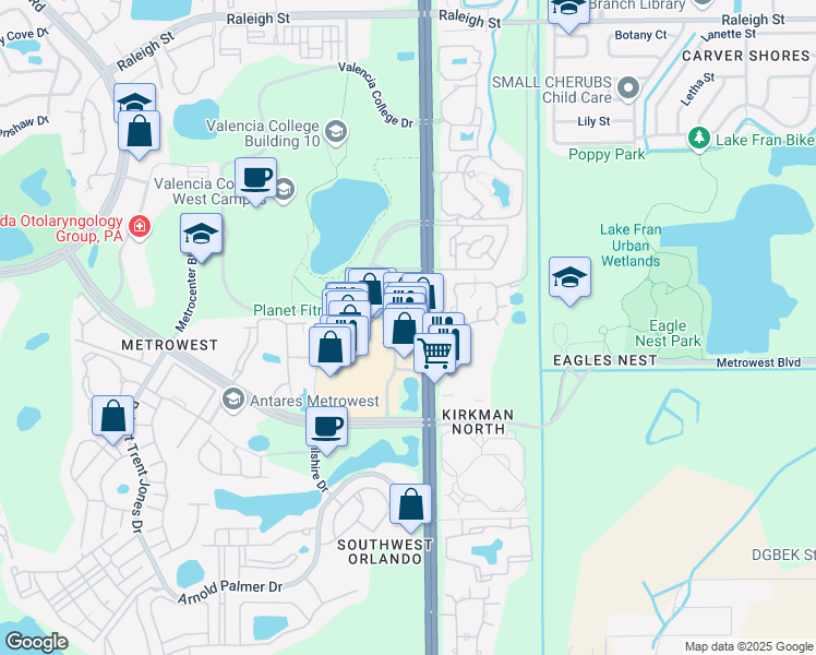 map of restaurants, bars, coffee shops, grocery stores, and more near 2308 South Kirkman Road in Orlando