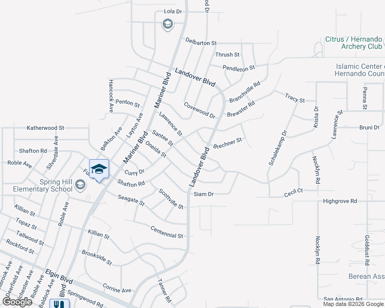 map of restaurants, bars, coffee shops, grocery stores, and more near 13109 Santee Street in Spring Hill