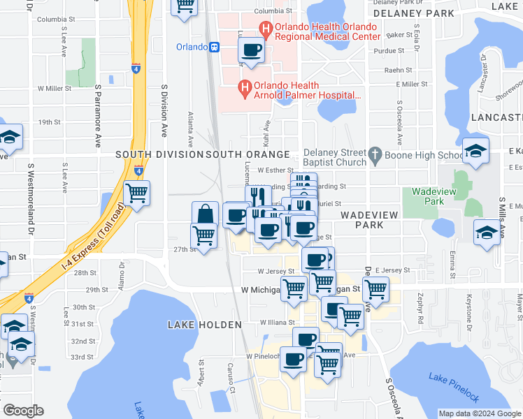 map of restaurants, bars, coffee shops, grocery stores, and more near 68 West Muriel Street in Orlando