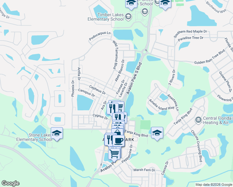 map of restaurants, bars, coffee shops, grocery stores, and more near 2555 Formax Drive in Orlando
