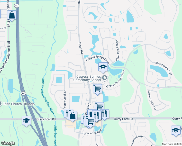 map of restaurants, bars, coffee shops, grocery stores, and more near 10101 Green Branch Court in Orlando