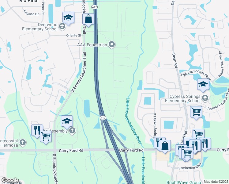 map of restaurants, bars, coffee shops, grocery stores, and more near 2725 Econ Landing Boulevard in Orlando