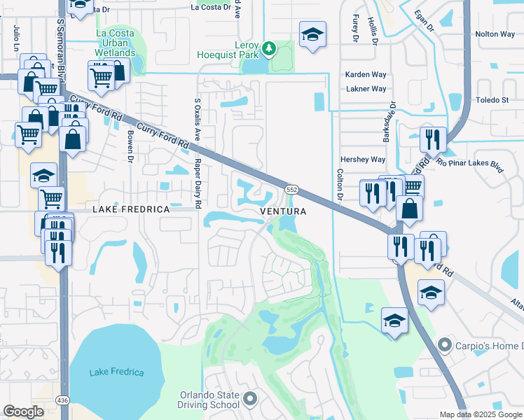 map of restaurants, bars, coffee shops, grocery stores, and more near 2500 Shadybranch Drive in Orlando