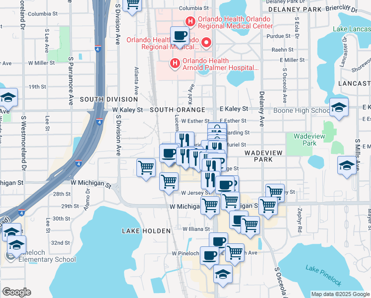 map of restaurants, bars, coffee shops, grocery stores, and more near 93 West Grant Street in Orlando