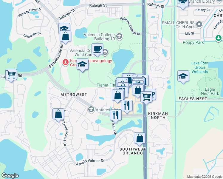 map of restaurants, bars, coffee shops, grocery stores, and more near 6125 Metrowest Boulevard in Orlando