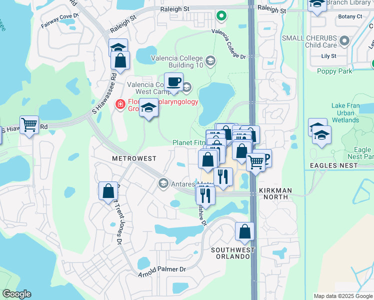 map of restaurants, bars, coffee shops, grocery stores, and more near 6121 Metrowest Boulevard in Orlando