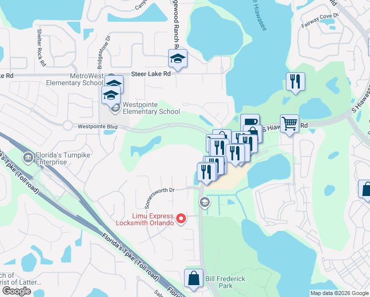 map of restaurants, bars, coffee shops, grocery stores, and more near 7250 Westpointe Boulevard in Orlando