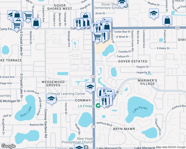 map of restaurants, bars, coffee shops, grocery stores, and more near 2330 South Conway Road in Orlando