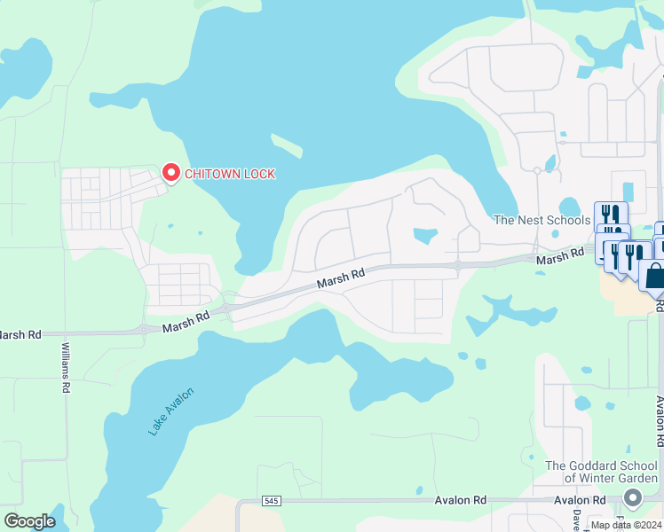 map of restaurants, bars, coffee shops, grocery stores, and more near Rusty Anchor Road in Winter Garden
