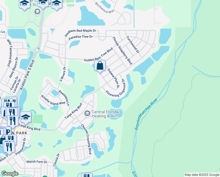 map of restaurants, bars, coffee shops, grocery stores, and more near 2451 Guiana Plum Drive in Orlando