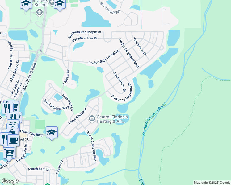 map of restaurants, bars, coffee shops, grocery stores, and more near 2451 Guiana Plum Drive in Orlando