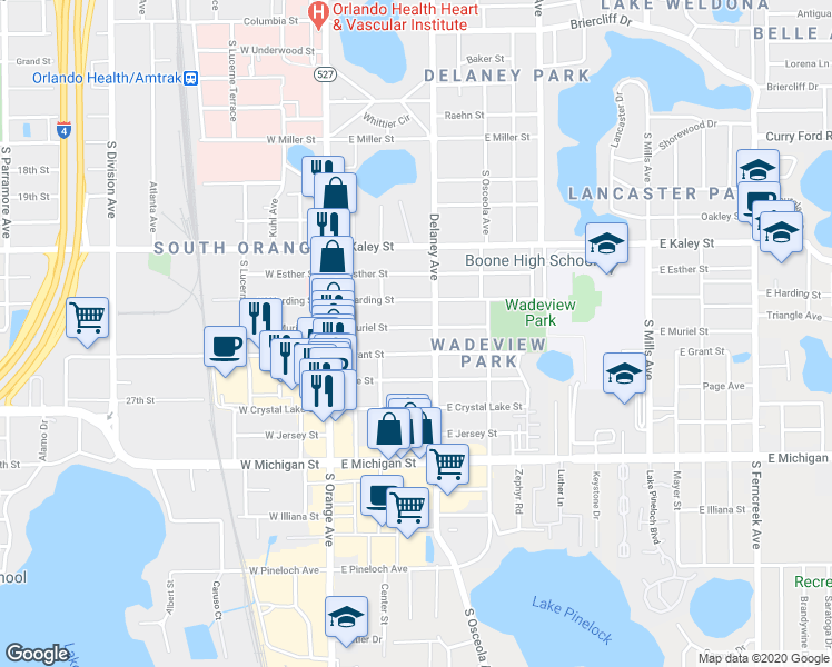 map of restaurants, bars, coffee shops, grocery stores, and more near 218 East Harding Street in Orlando