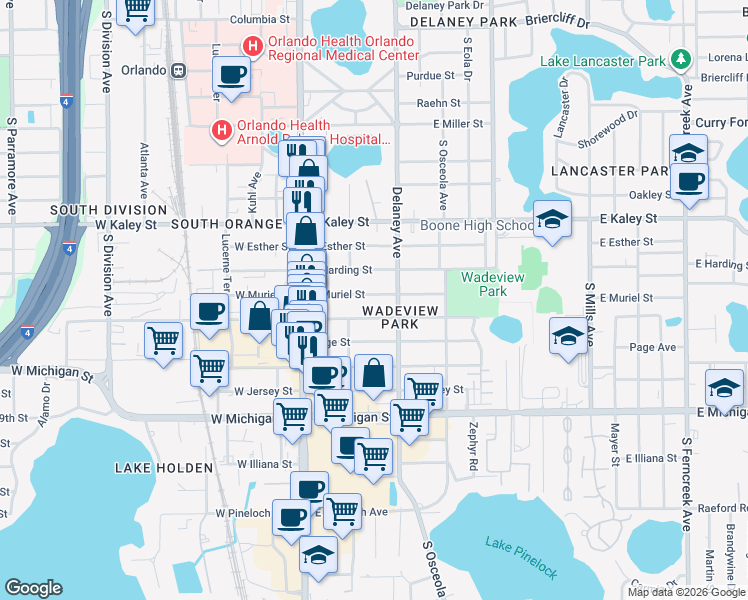 map of restaurants, bars, coffee shops, grocery stores, and more near 218 East Harding Street in Orlando