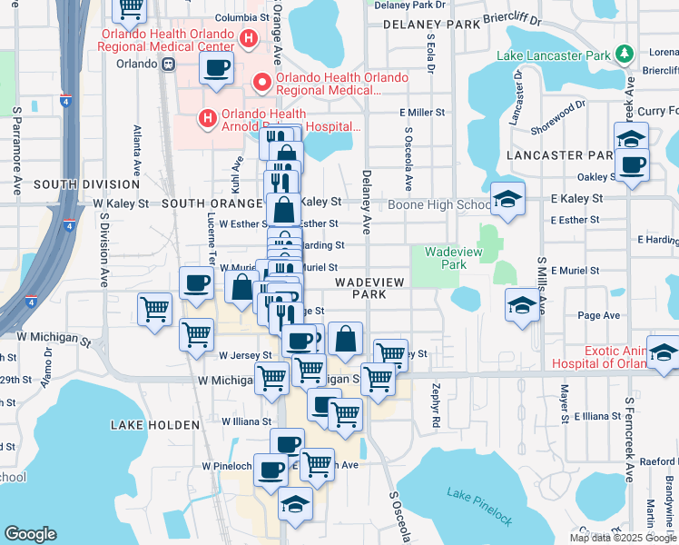 map of restaurants, bars, coffee shops, grocery stores, and more near 218 East Harding Street in Orlando
