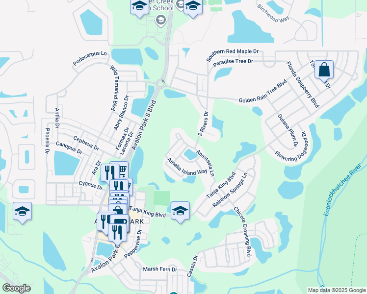 map of restaurants, bars, coffee shops, grocery stores, and more near 14103 Anastasia Lane in Orlando