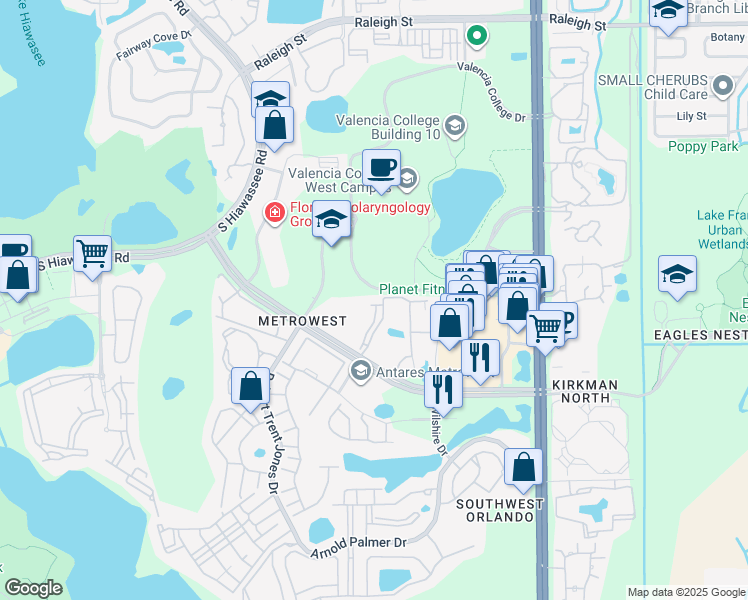 map of restaurants, bars, coffee shops, grocery stores, and more near 6177 Metrowest Boulevard in Orlando