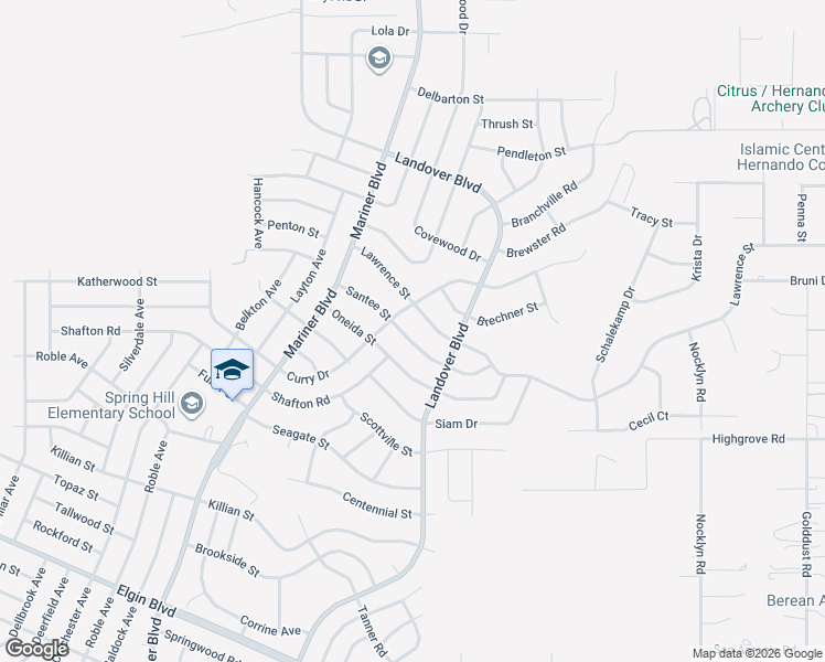 map of restaurants, bars, coffee shops, grocery stores, and more near 13035 Santee Street in Spring Hill