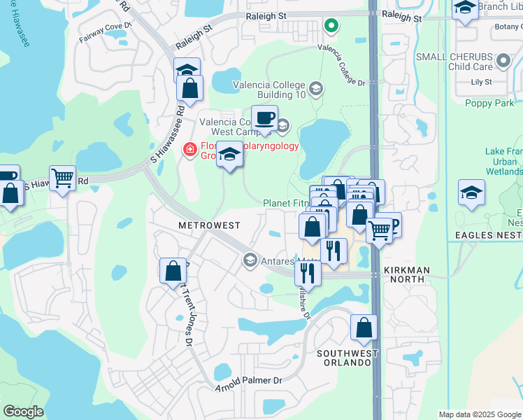 map of restaurants, bars, coffee shops, grocery stores, and more near 6177 Metrowest Boulevard in Orlando