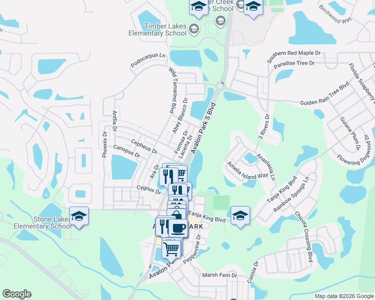 map of restaurants, bars, coffee shops, grocery stores, and more near 2439 Lacerta Drive in Orlando