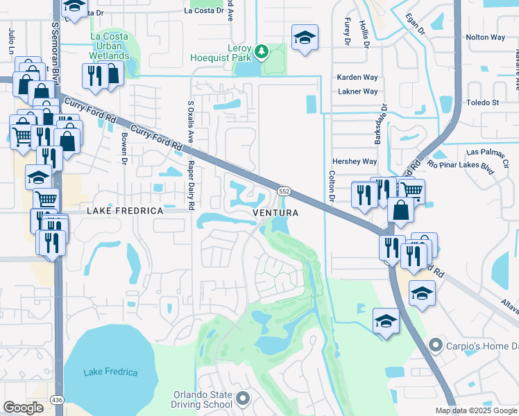map of restaurants, bars, coffee shops, grocery stores, and more near 2520 Woodgate Boulevard in Orlando