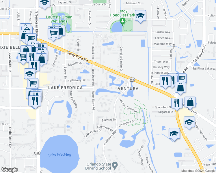 map of restaurants, bars, coffee shops, grocery stores, and more near 2548 Woodgate Boulevard in Orlando
