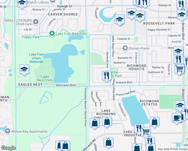 map of restaurants, bars, coffee shops, grocery stores, and more near 2026 La Due Court in Orlando