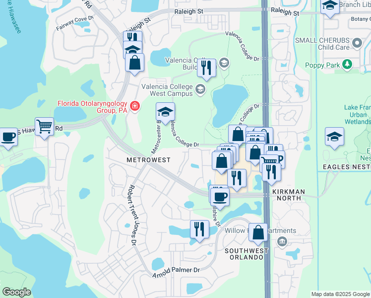 map of restaurants, bars, coffee shops, grocery stores, and more near 6177 Metrowest Boulevard in Orlando