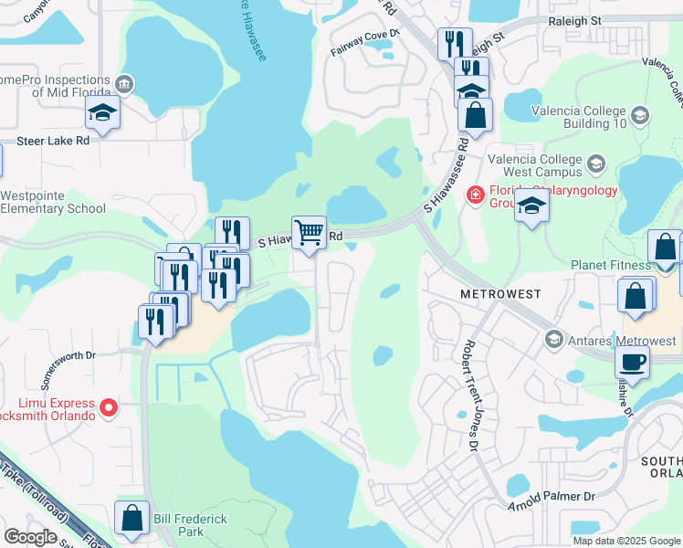 map of restaurants, bars, coffee shops, grocery stores, and more near 2131 Lake Debra Drive in Orlando