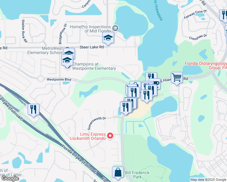 map of restaurants, bars, coffee shops, grocery stores, and more near 7240 Westpointe Boulevard in Orlando