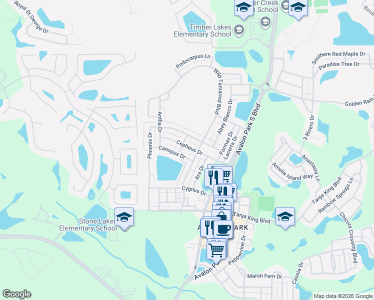map of restaurants, bars, coffee shops, grocery stores, and more near 2625 Corona Borealis Drive in Orlando