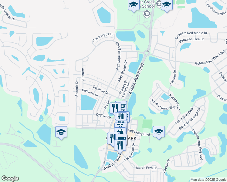 map of restaurants, bars, coffee shops, grocery stores, and more near 13802 Phoenix Drive in Orlando