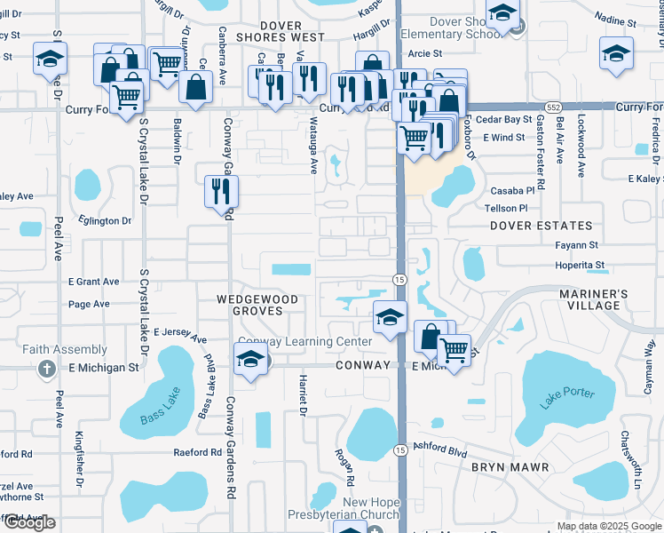 map of restaurants, bars, coffee shops, grocery stores, and more near 2330 South Conway Road in Orlando