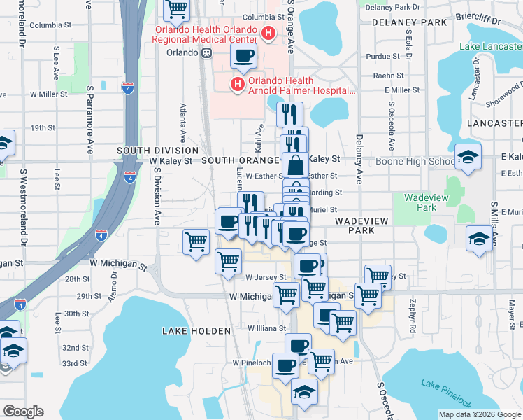 map of restaurants, bars, coffee shops, grocery stores, and more near 32 West Harding Street in Orlando