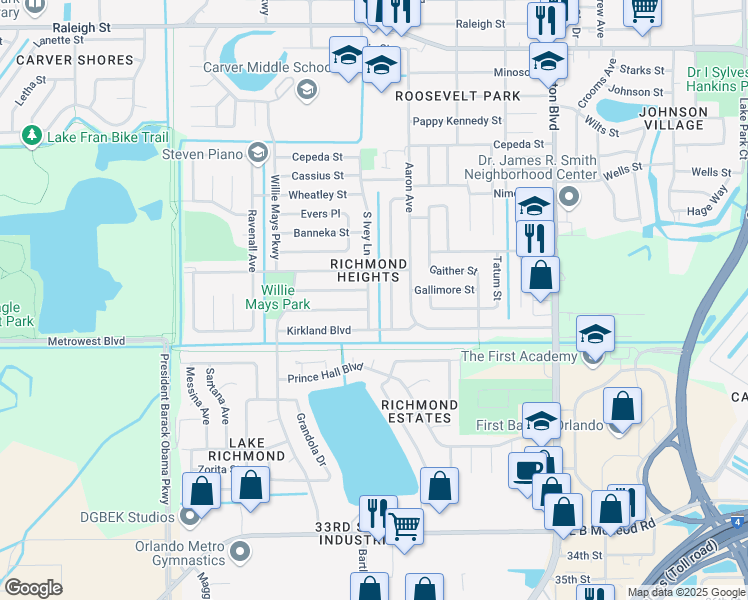 map of restaurants, bars, coffee shops, grocery stores, and more near 2114 Patterson Avenue in Orlando