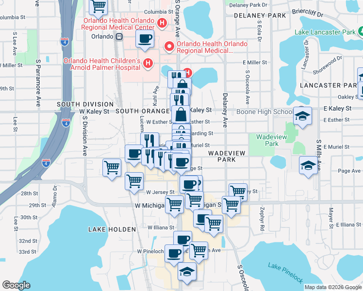 map of restaurants, bars, coffee shops, grocery stores, and more near 100 East Muriel Street in Orlando
