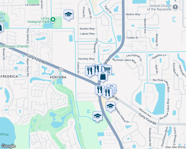 map of restaurants, bars, coffee shops, grocery stores, and more near 7119 Leighton Way in Orlando
