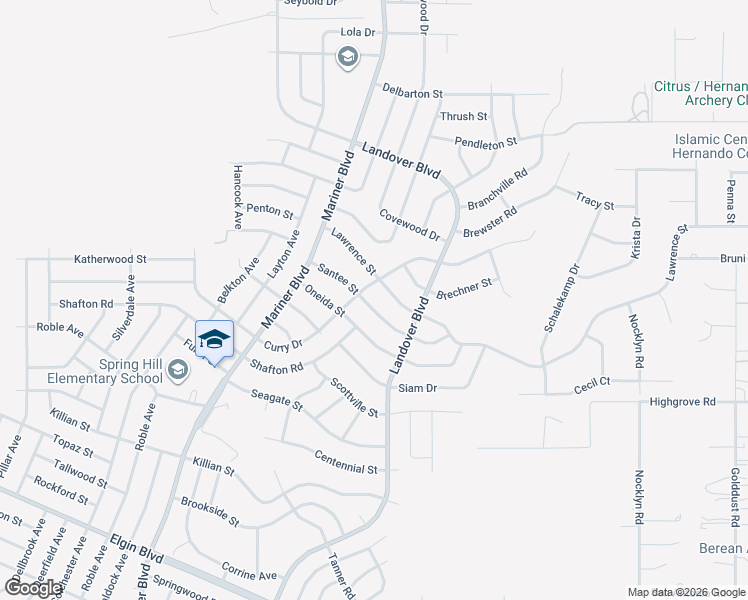 map of restaurants, bars, coffee shops, grocery stores, and more near 13035 Santee Street in Spring Hill