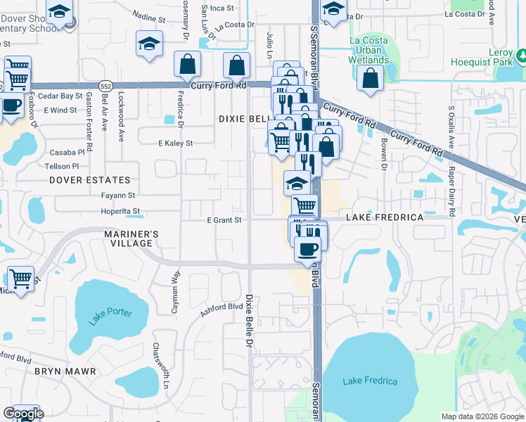 map of restaurants, bars, coffee shops, grocery stores, and more near 2041 Dixie Belle Drive in Orlando