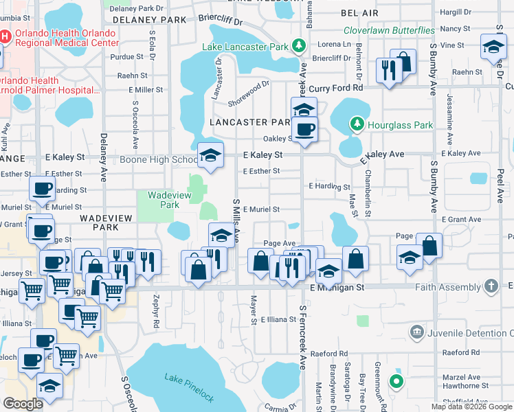 map of restaurants, bars, coffee shops, grocery stores, and more near 1225 East Muriel Street in Orlando