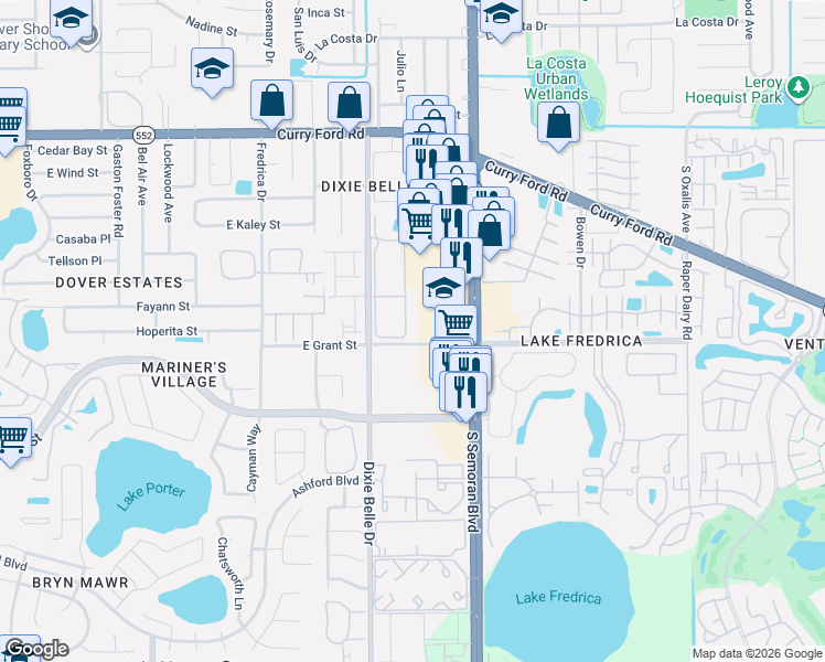 map of restaurants, bars, coffee shops, grocery stores, and more near 2041 Dixie Belle Drive in Orlando