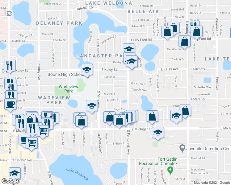 map of restaurants, bars, coffee shops, grocery stores, and more near 1409 East Muriel Street in Orlando